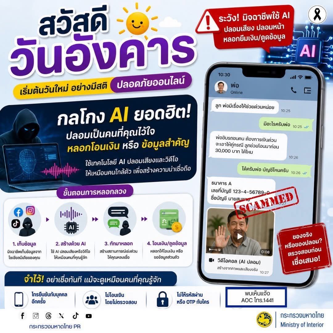 PHUTTHAISONG - GROWTH TEAM PHUTTHAISONG PLUS สร้างสรรค์ สร้างสุข : พช.พุทไธสง ประชาสัมพันธ์เตือนภัยออนไลน์ มิจฉาชีพใช้ AI ปลอมเสียง–ปลอมหน้า หลอกโอนเงิน